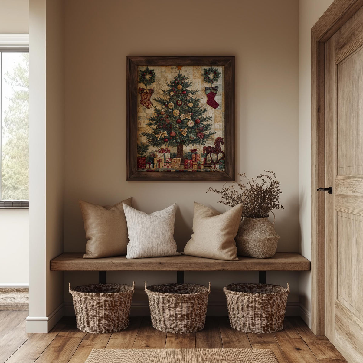 Patchwork Tree Christmas art print shown in a room setting