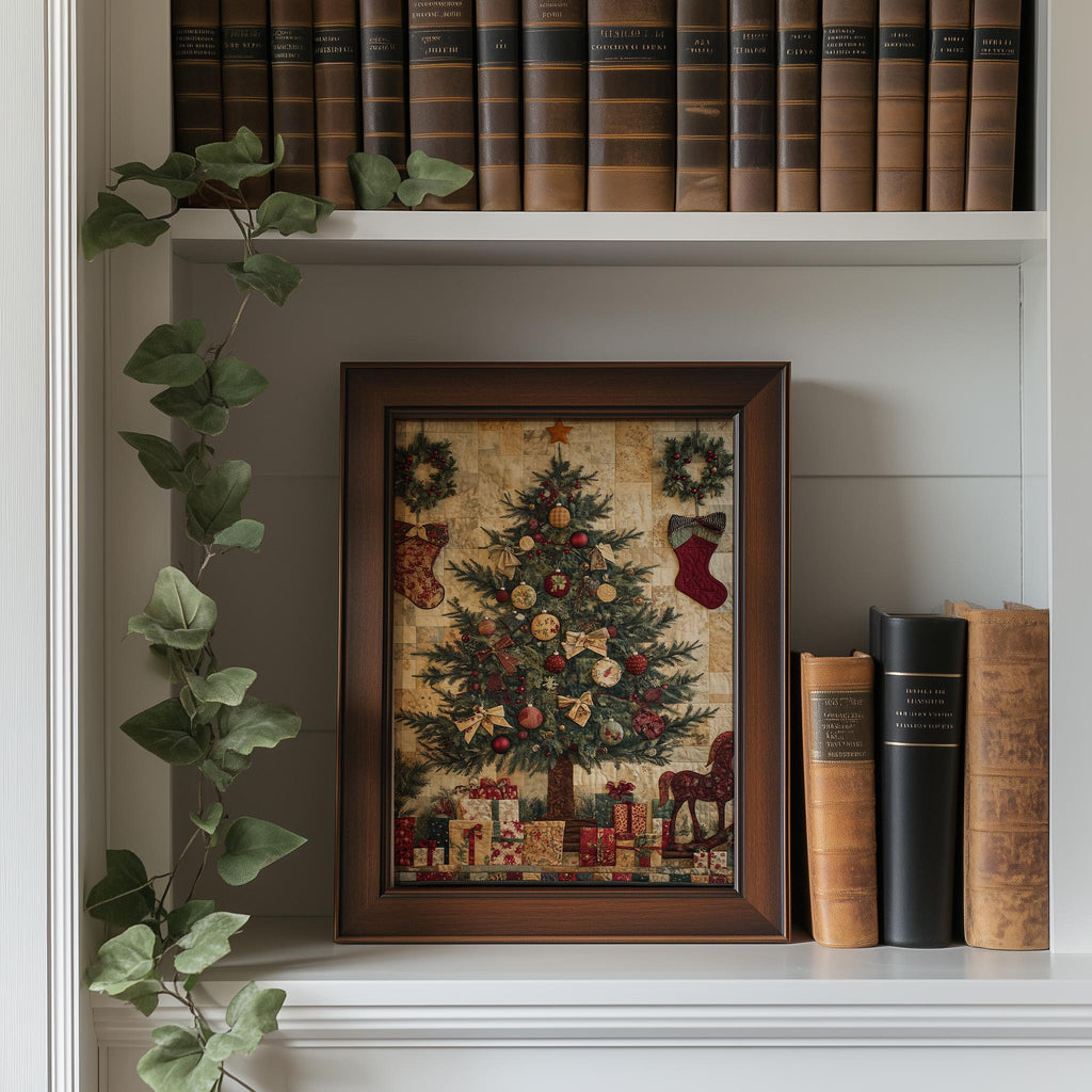 Patchwork Tree Christmas art print shown in a room setting