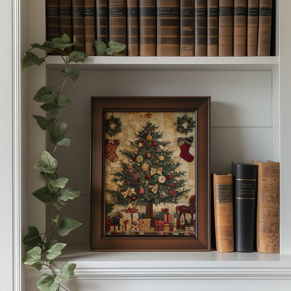 Patchwork Tree Christmas art print shown in a room setting