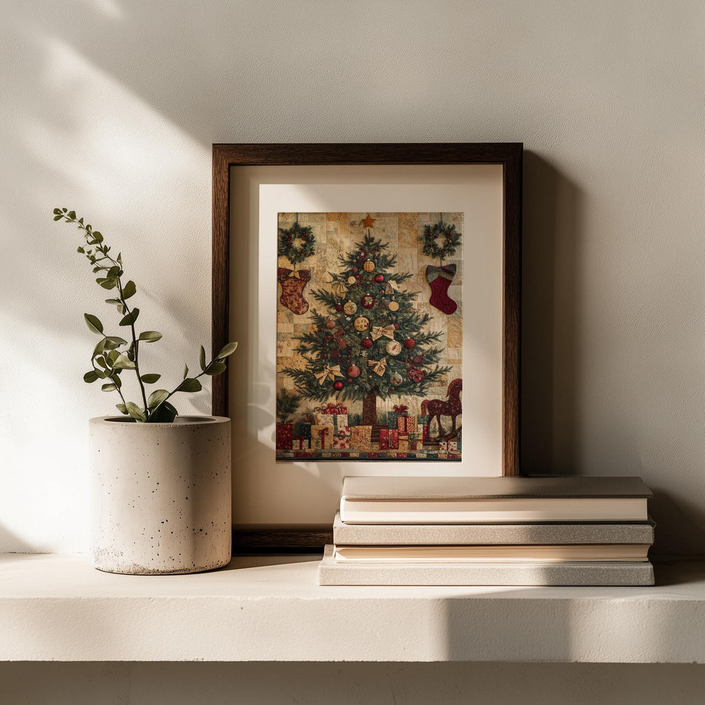 Patchwork Tree Christmas art print shown in a room setting