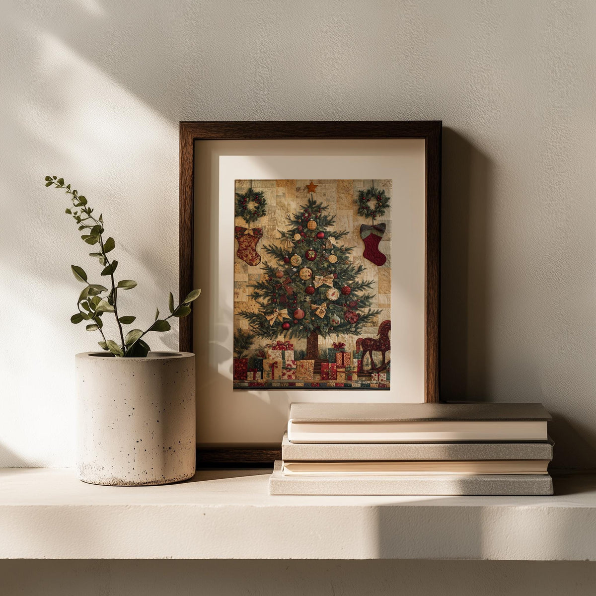Patchwork Tree Christmas art print shown in a room setting