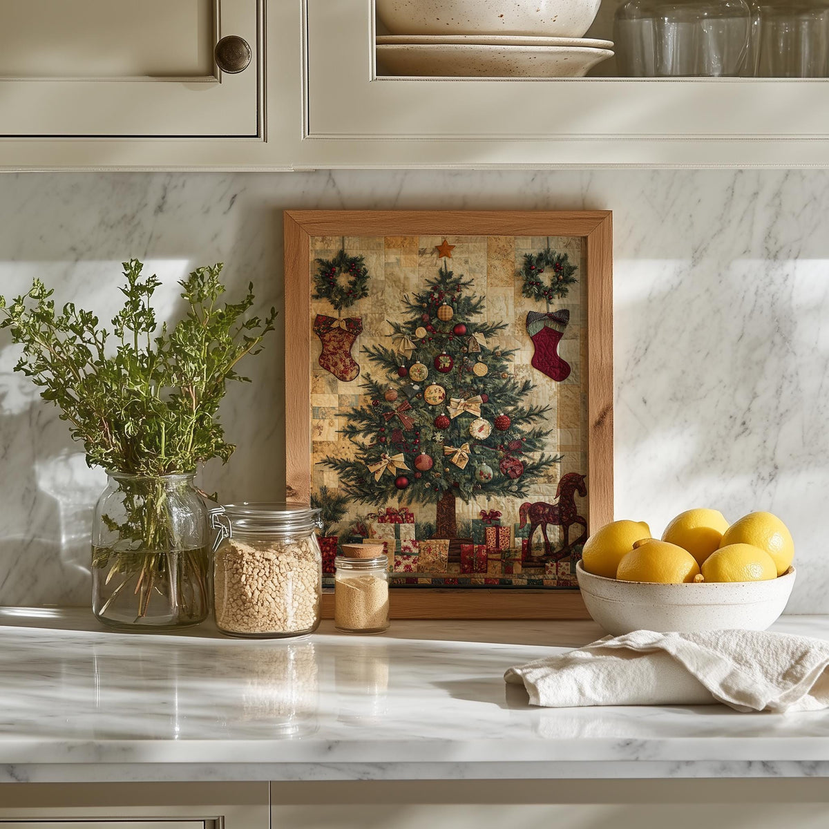 Patchwork Tree Christmas art print shown in a room setting