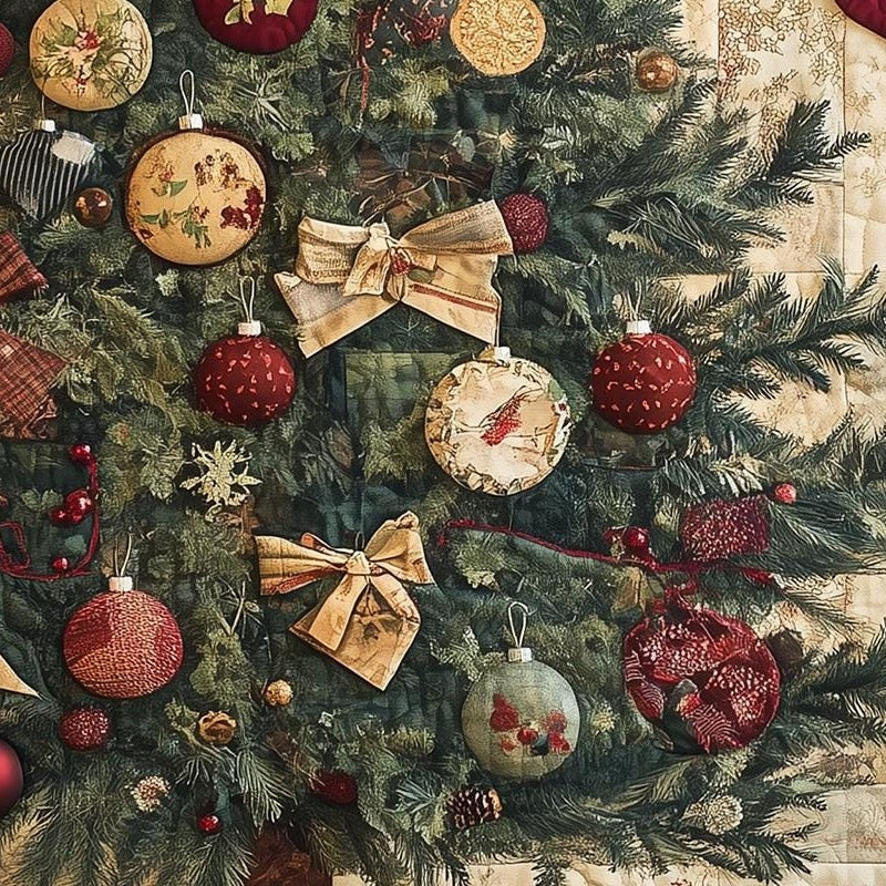 Patchwork Tree Christmas art print close-up detail