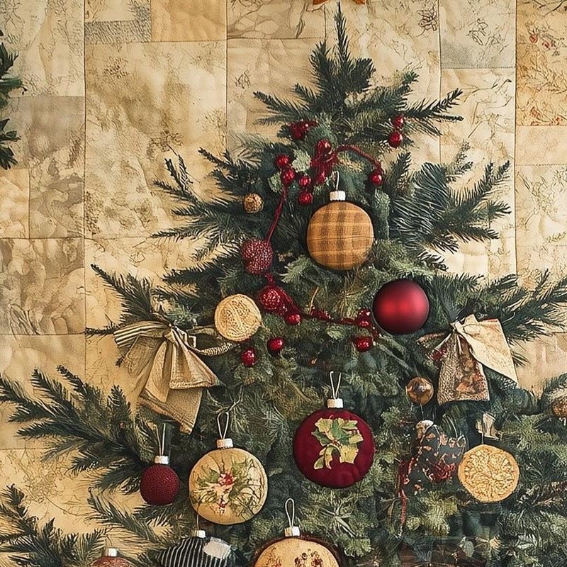 Patchwork Tree Christmas art print close-up detail