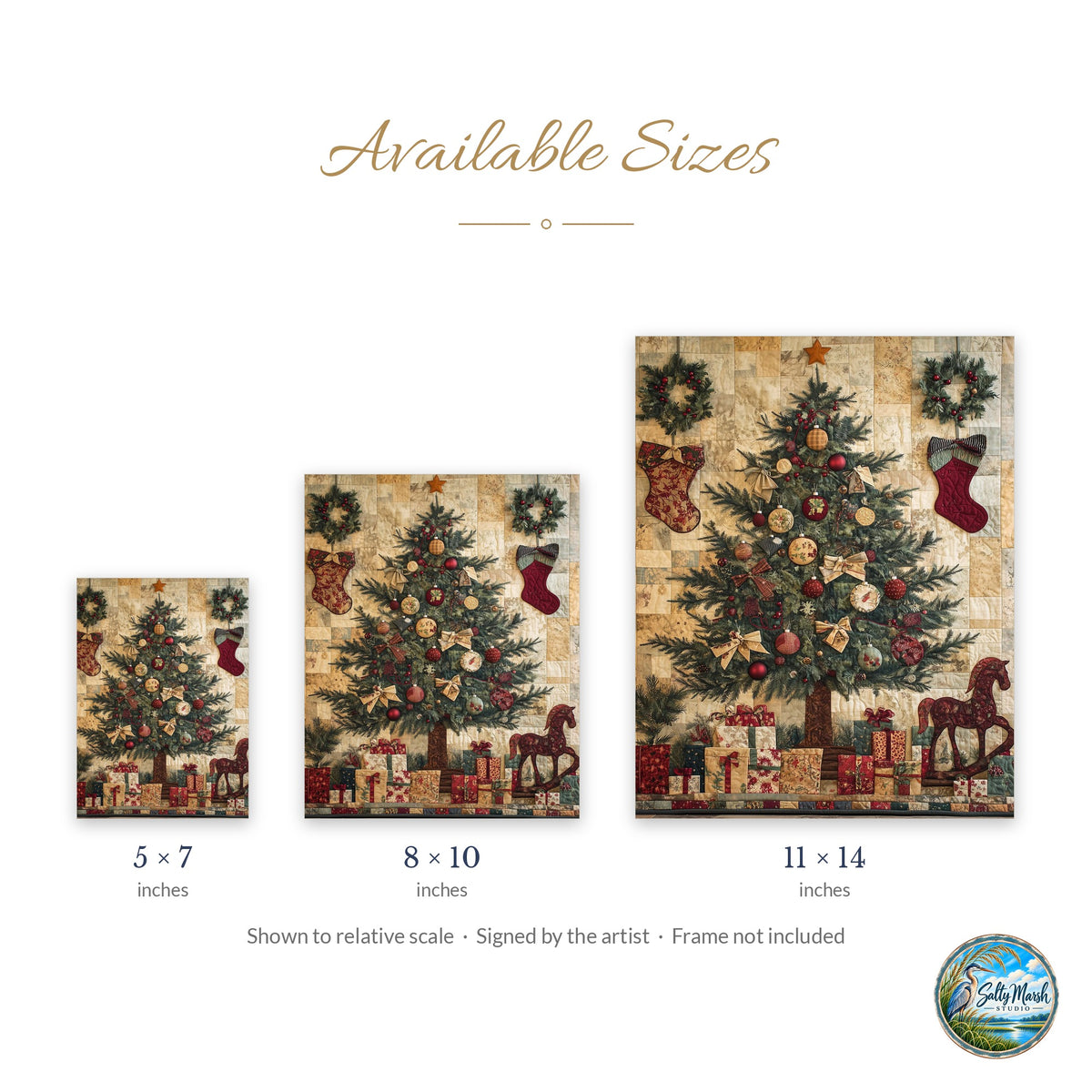 Patchwork Tree art print size guide: 5x7, 8x10 and 11x14