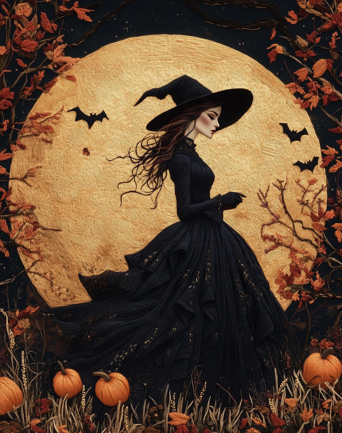 Tapestry Moon Witch Halloween art print unframed, signed by Pattie Overcash