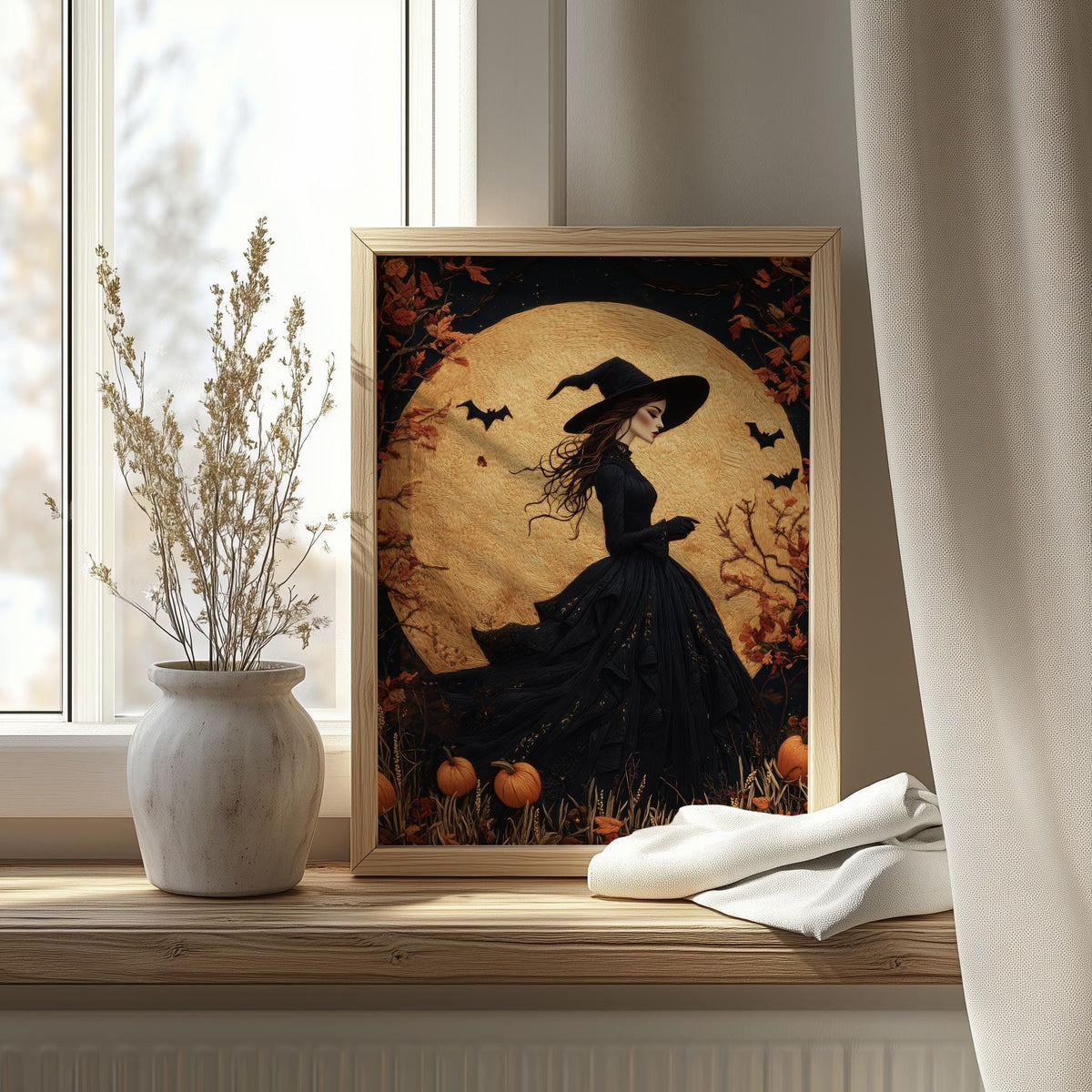 Tapestry Moon Witch Halloween art print shown in a room setting
