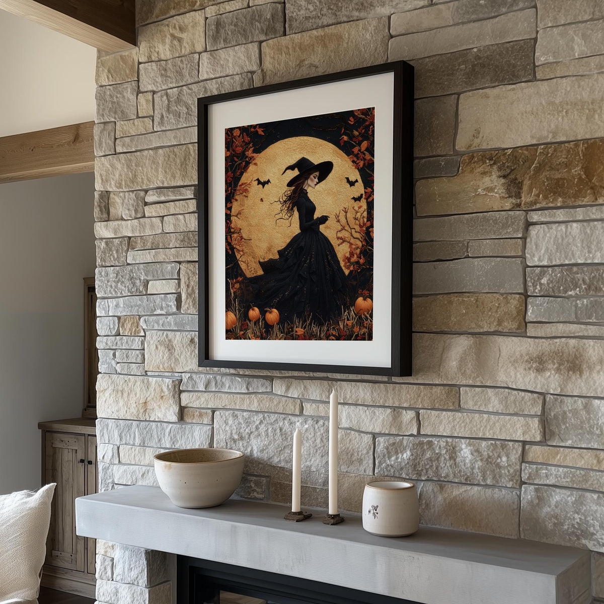 Tapestry Moon Witch Halloween art print shown in a room setting