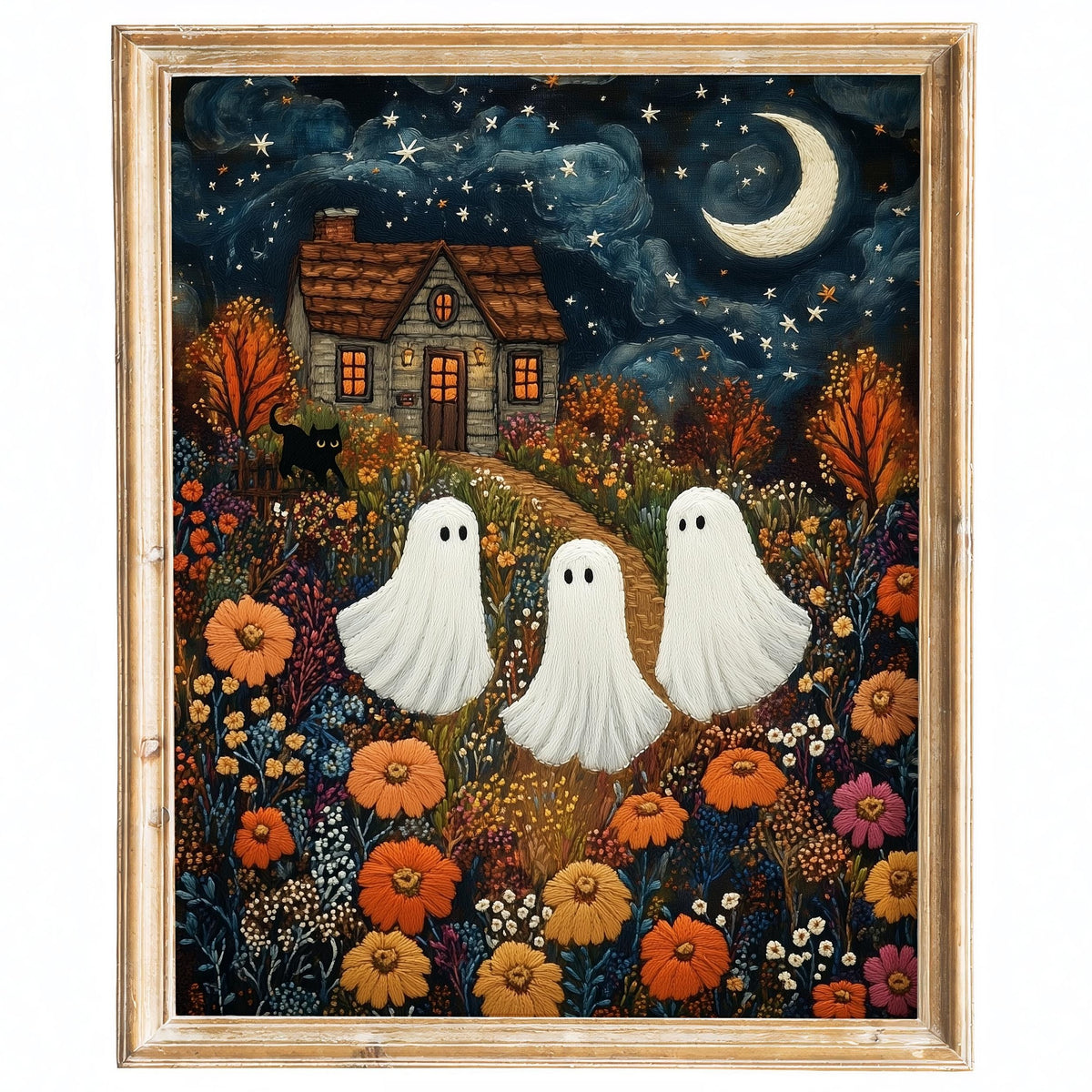 Embroidered Ghosts Halloween art print framed
