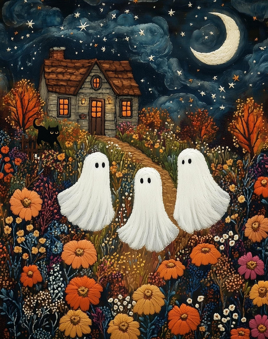 Embroidered Ghosts Halloween art print unframed, signed by Pattie Overcash