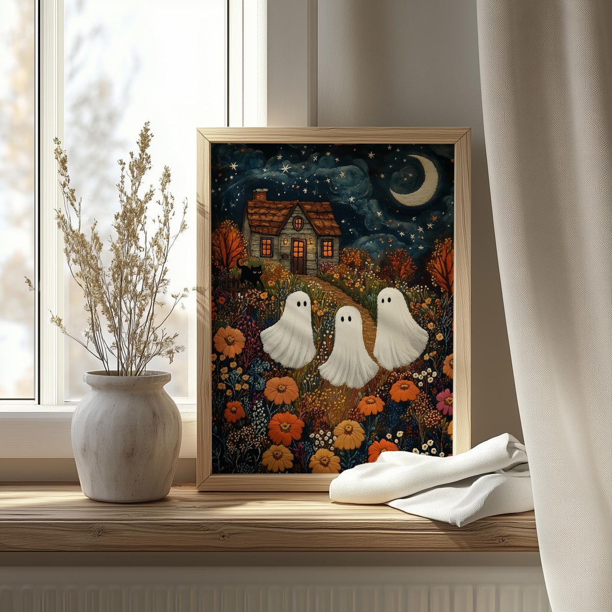 Embroidered Ghosts Halloween art print shown in a room setting