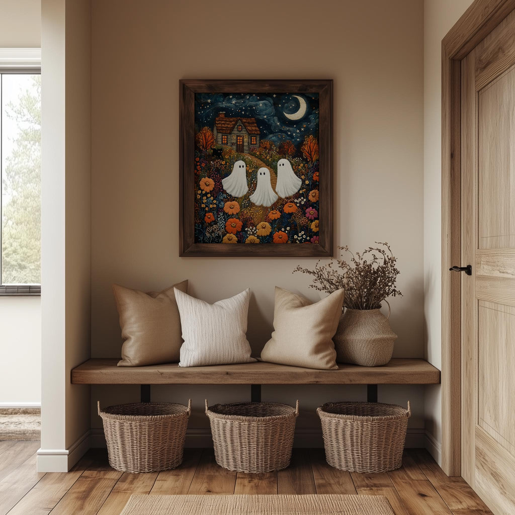 Embroidered Ghosts Halloween art print shown in a room setting