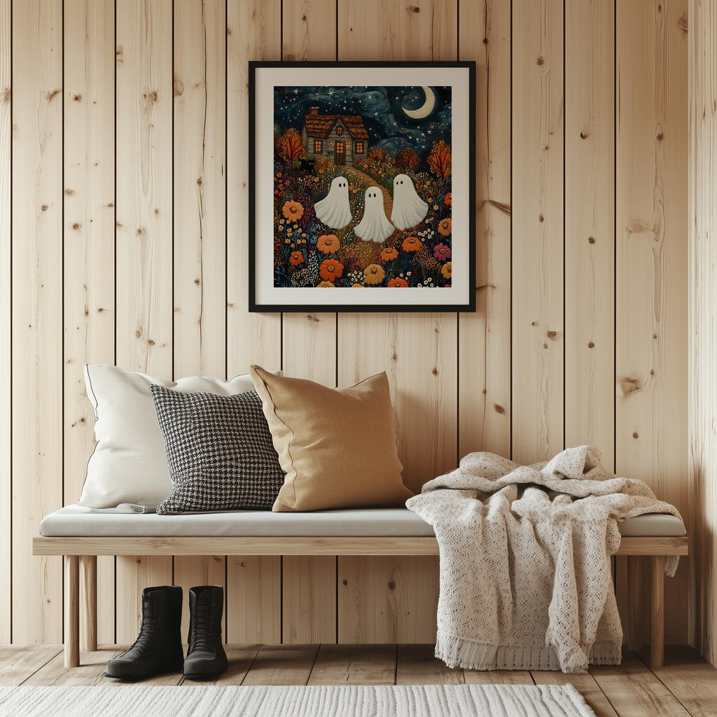 Embroidered Ghosts Halloween art print shown in a room setting