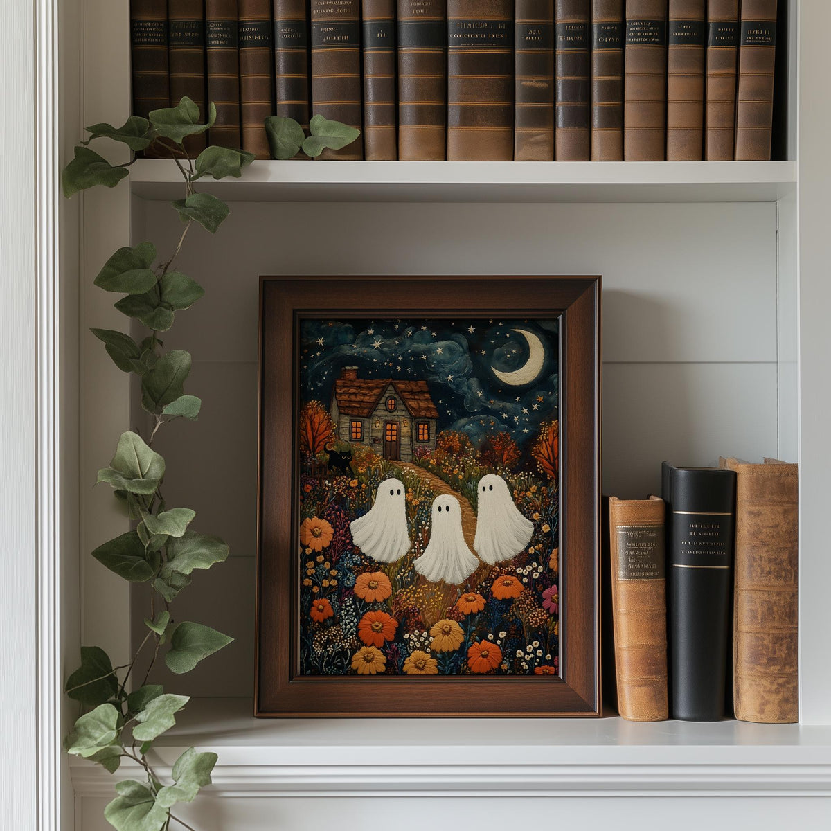 Embroidered Ghosts Halloween art print shown in a room setting