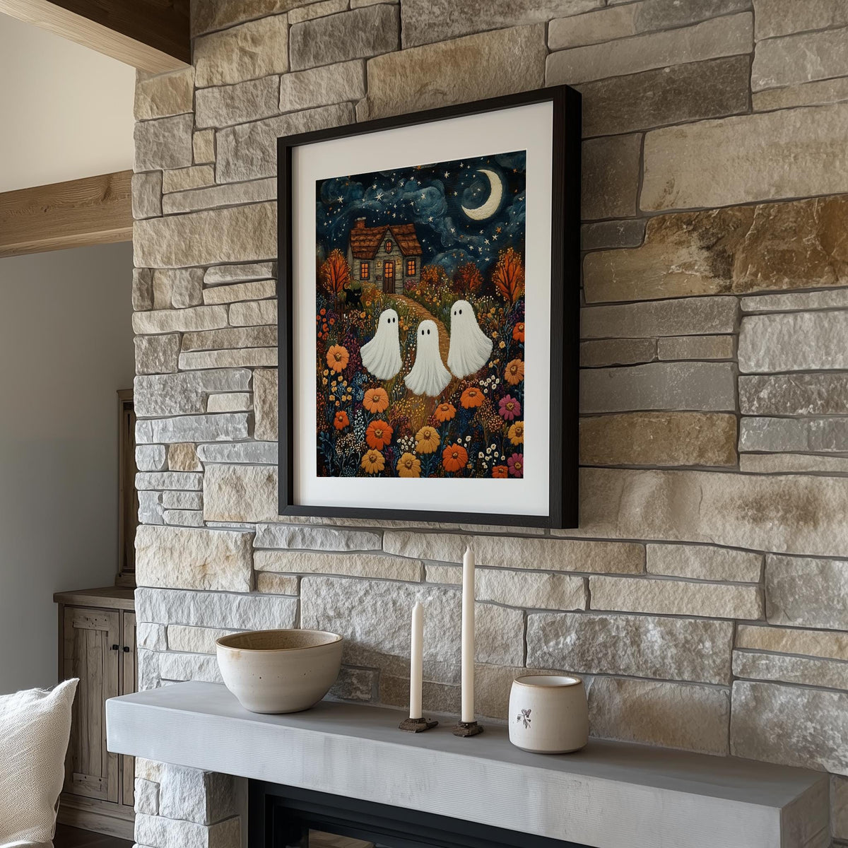Embroidered Ghosts Halloween art print shown in a room setting