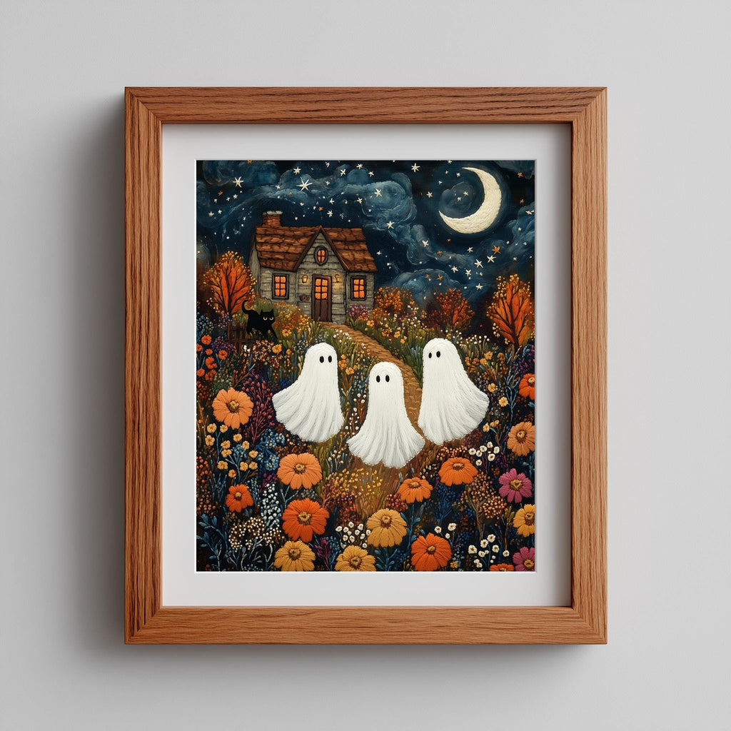 Embroidered Ghosts Halloween art print shown in a room setting