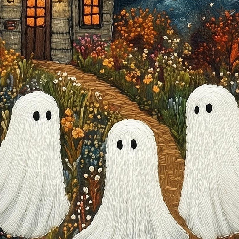 Embroidered Ghosts Halloween art print close-up detail
