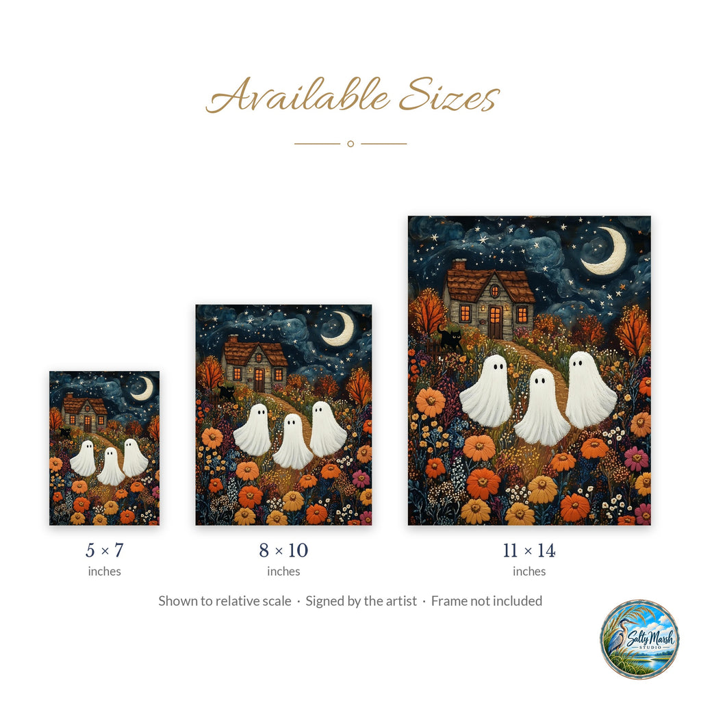 Embroidered Ghosts art print size guide: 5x7, 8x10 and 11x14