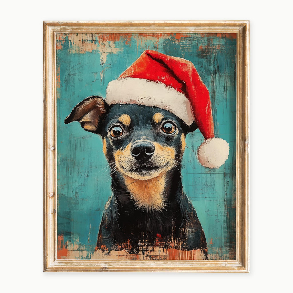 Santa Hat Dog Christmas art print framed