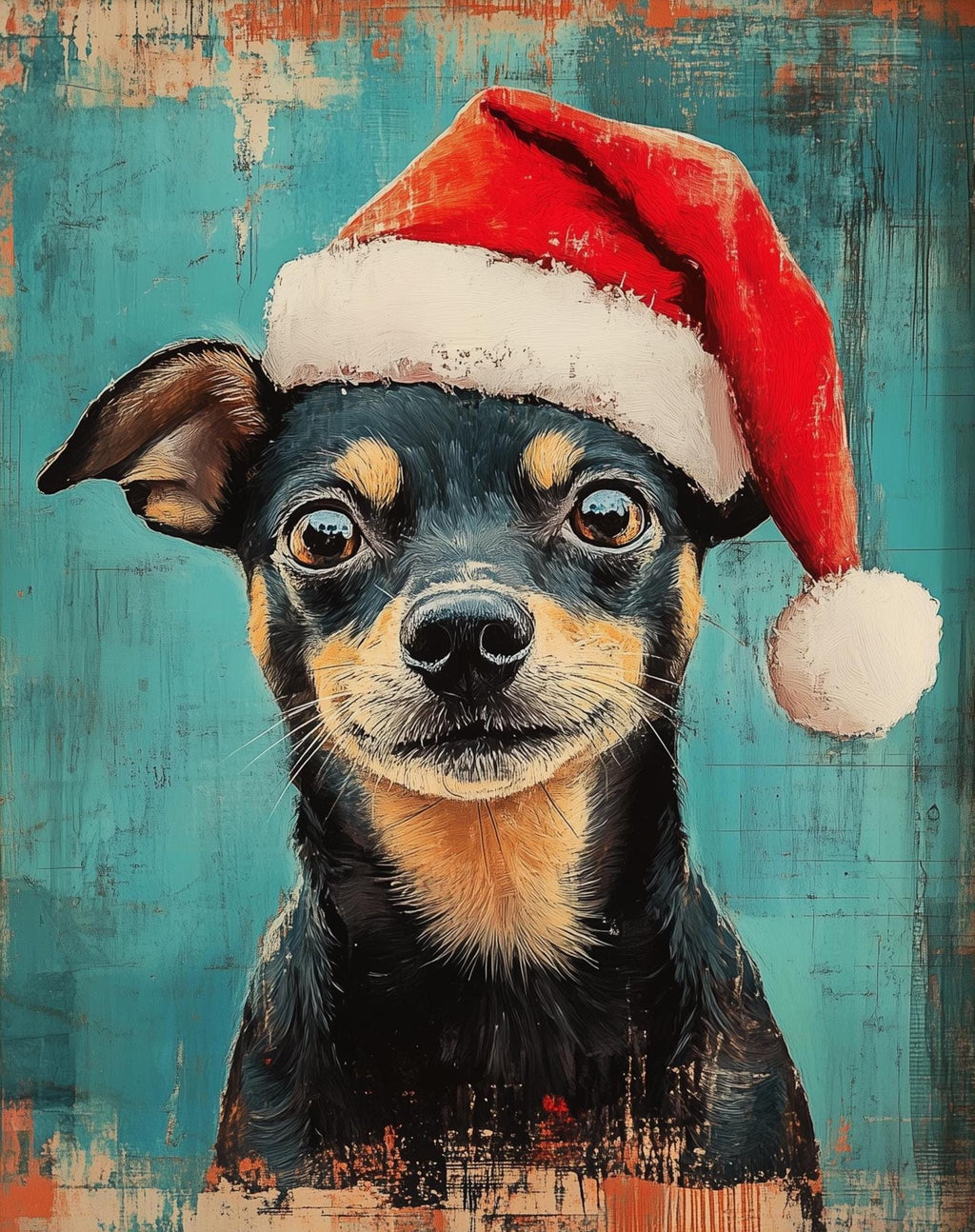 Santa Hat Dog Christmas art print unframed, signed by Pattie Overcash