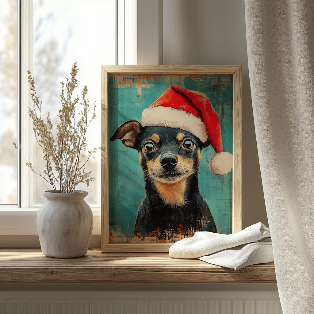 Santa Hat Dog Christmas art print shown in a room setting