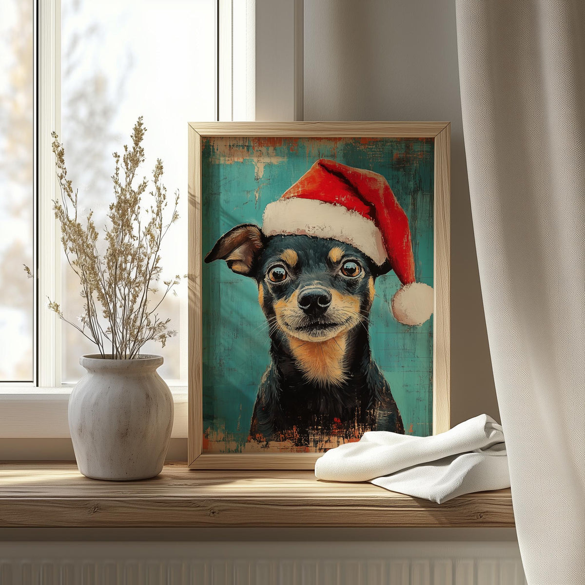 Santa Hat Dog Christmas art print shown in a room setting