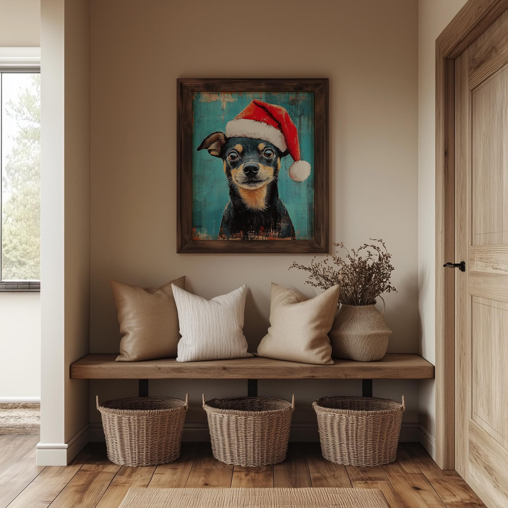 Santa Hat Dog Christmas art print shown in a room setting