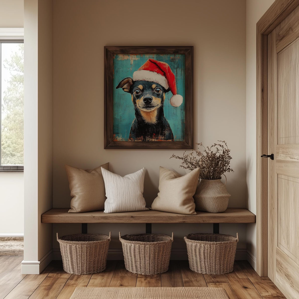 Santa Hat Dog Christmas art print shown in a room setting