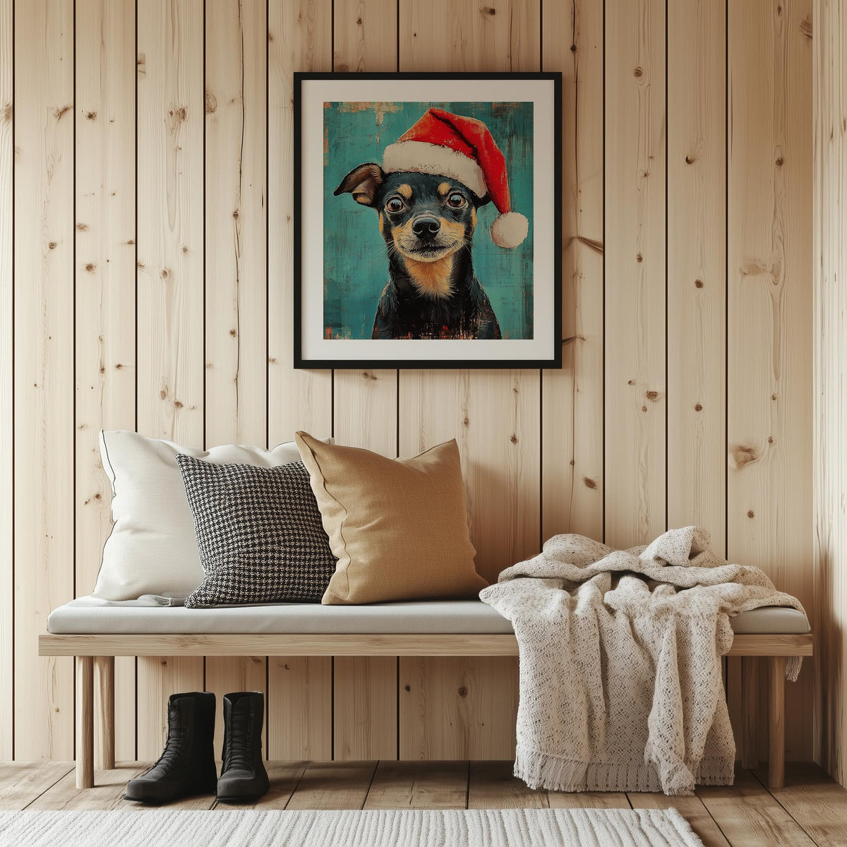 Santa Hat Dog Christmas art print shown in a room setting