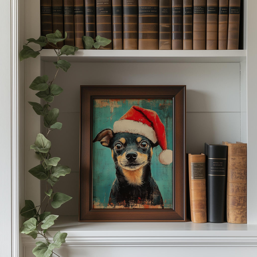 Santa Hat Dog Christmas art print shown in a room setting