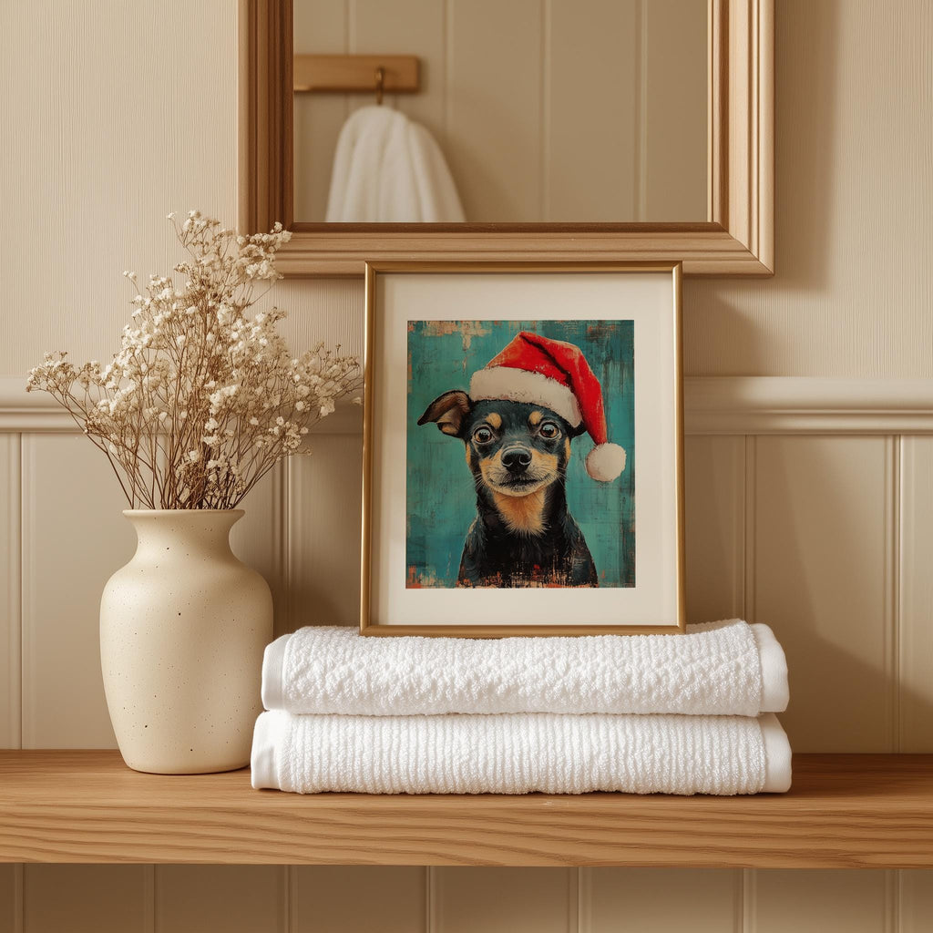 Santa Hat Dog Christmas art print shown in a room setting