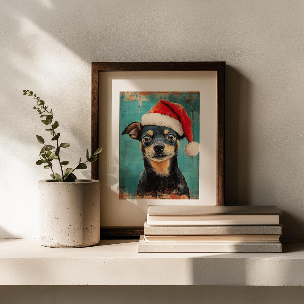 Santa Hat Dog Christmas art print shown in a room setting