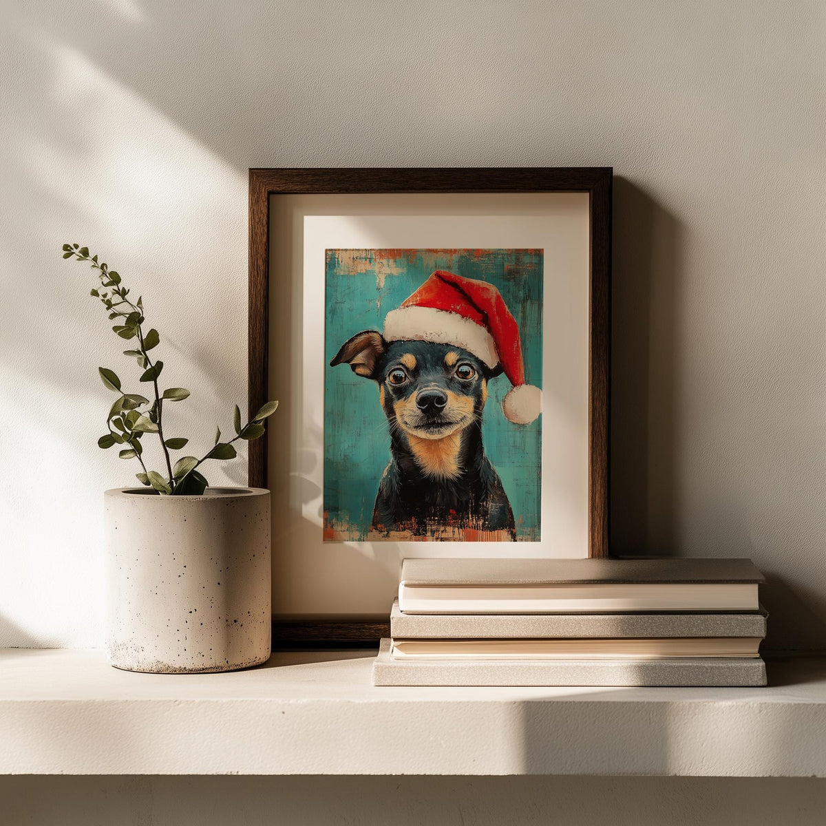 Santa Hat Dog Christmas art print shown in a room setting
