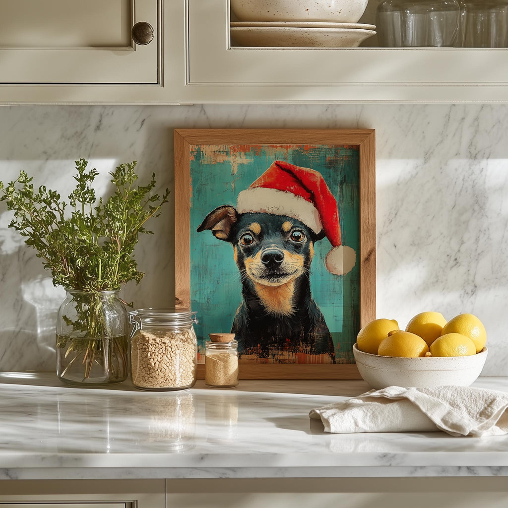 Santa Hat Dog Christmas art print shown in a room setting