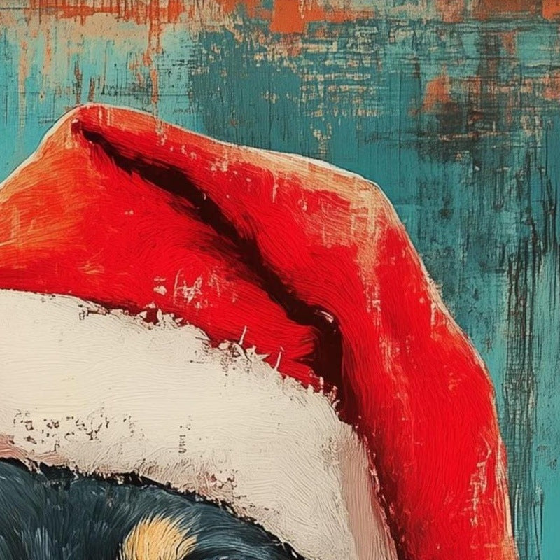 Santa Hat Dog Christmas art print close-up detail