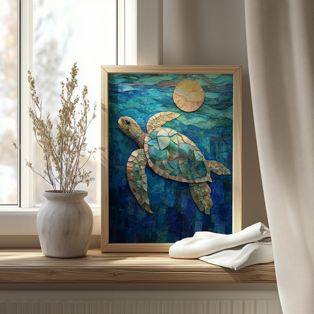 Sea Turtle Collage animal art print shown in a room setting