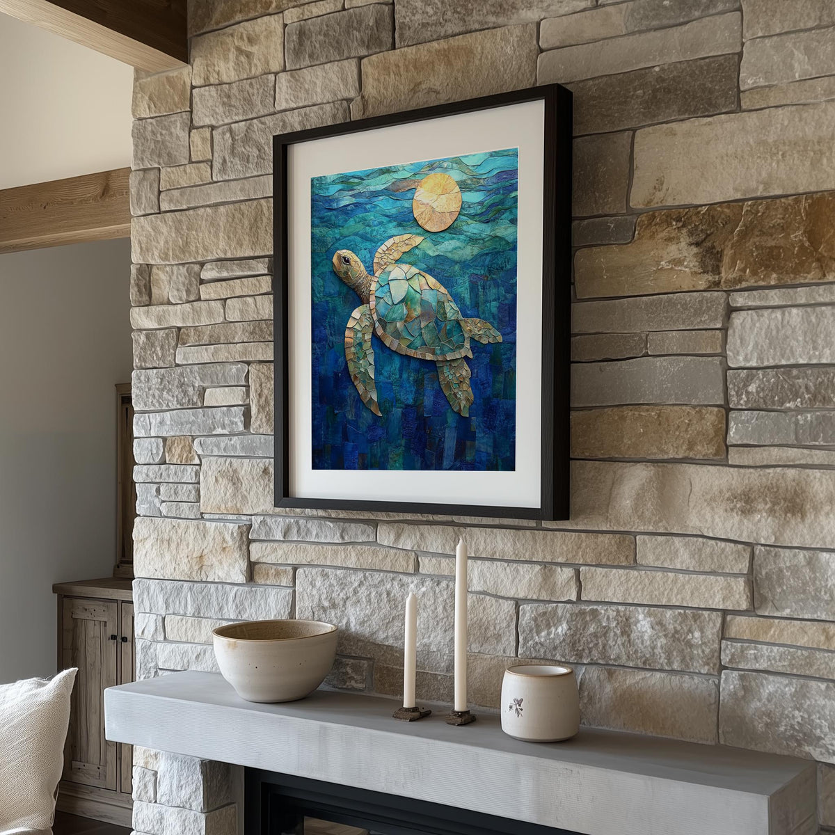 Sea Turtle Collage animal art print shown in a room setting