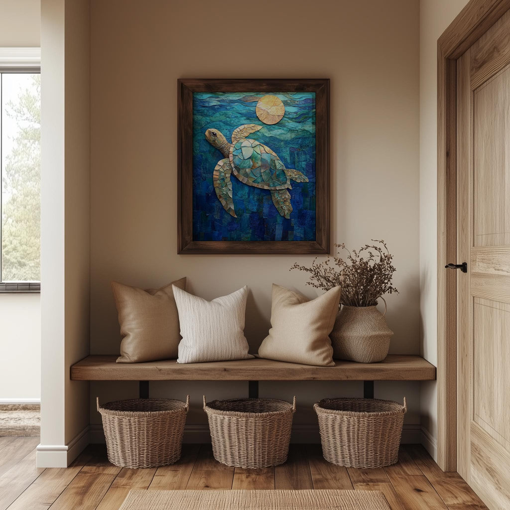 Sea Turtle Collage animal art print shown in a room setting