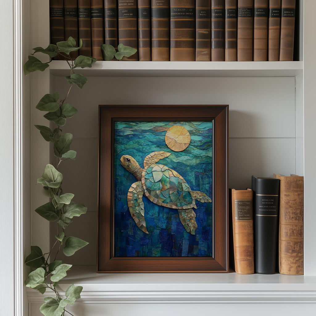 Sea Turtle Collage animal art print shown in a room setting