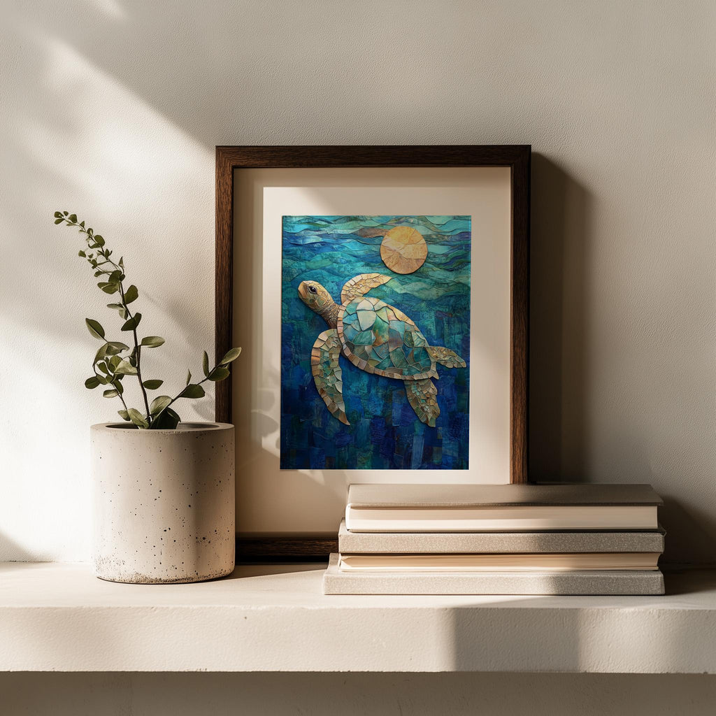 Sea Turtle Collage animal art print shown in a room setting