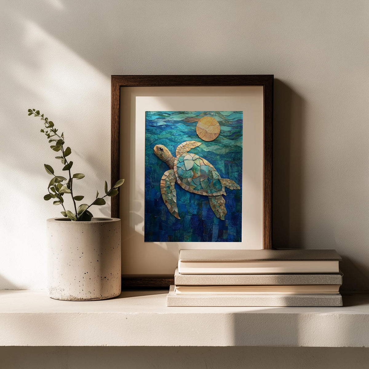 Sea Turtle Collage animal art print shown in a room setting