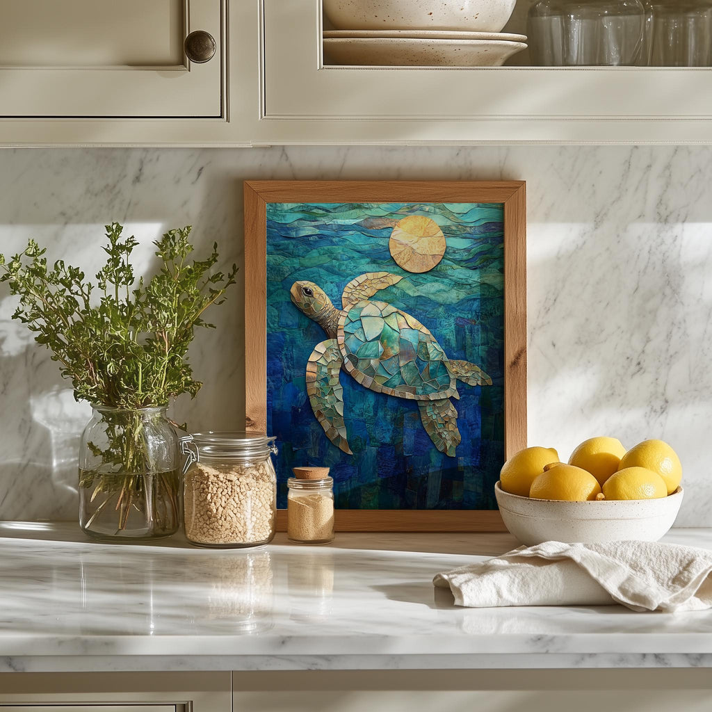 Sea Turtle Collage animal art print shown in a room setting