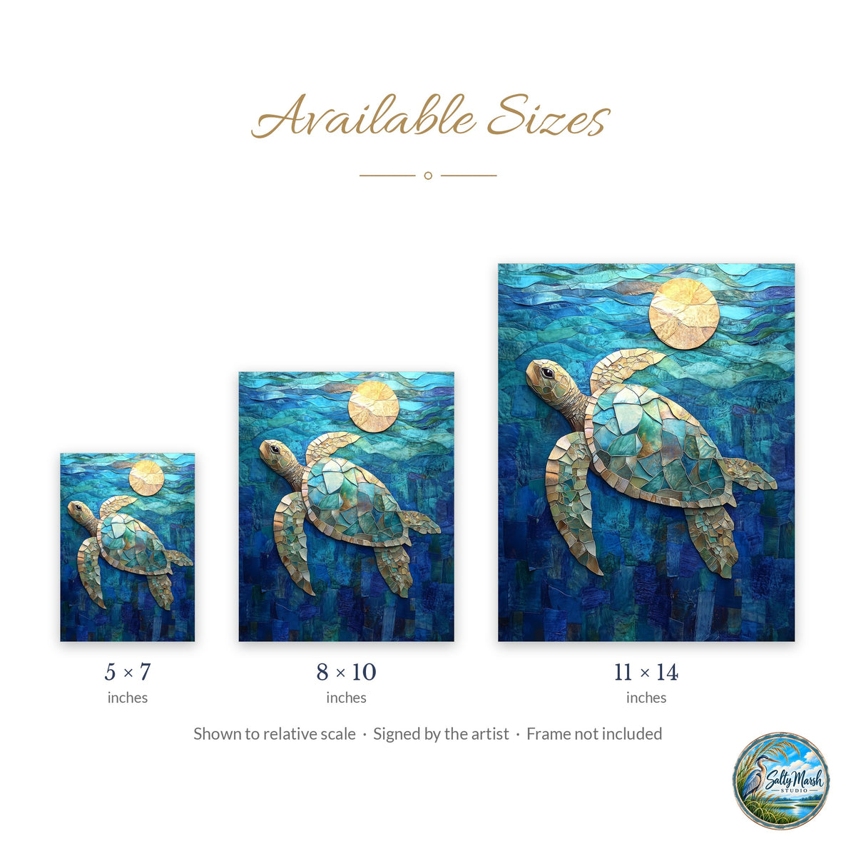 Sea Turtle Collage art print size guide: 5x7, 8x10 and 11x14