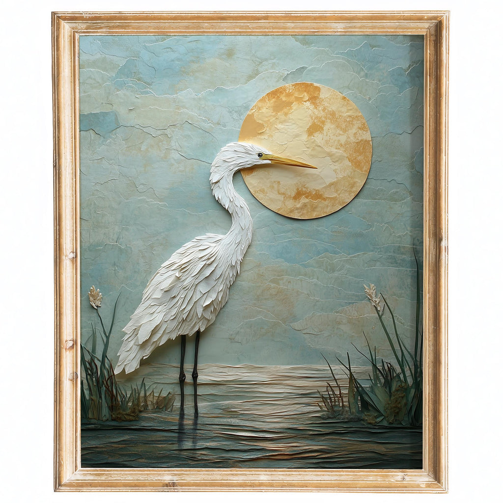 White Heron Sun animal art print framed