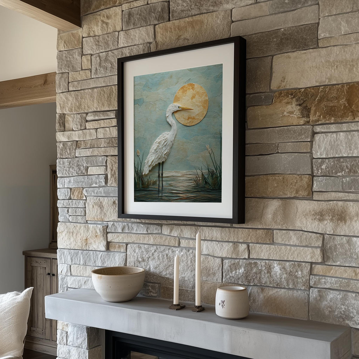 White Heron Sun animal art print shown in a room setting