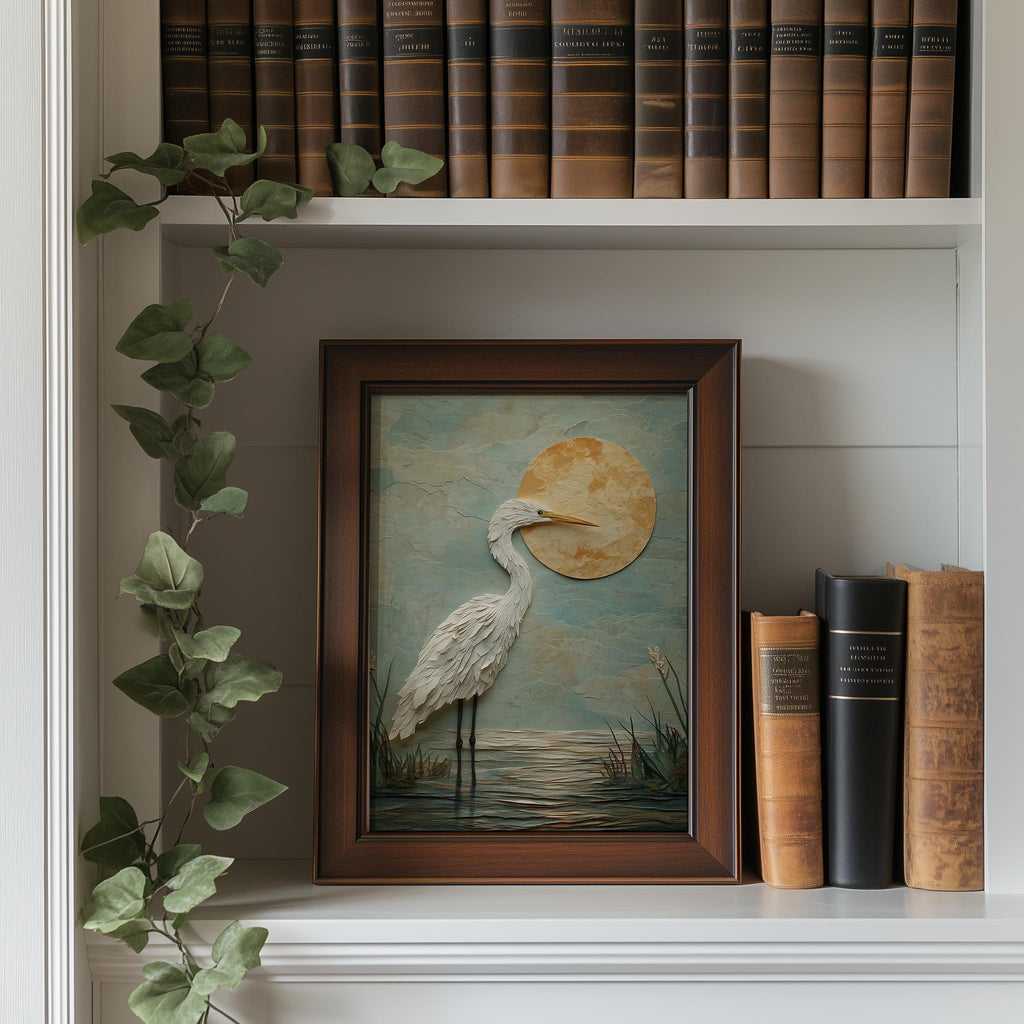 White Heron Sun animal art print shown in a room setting