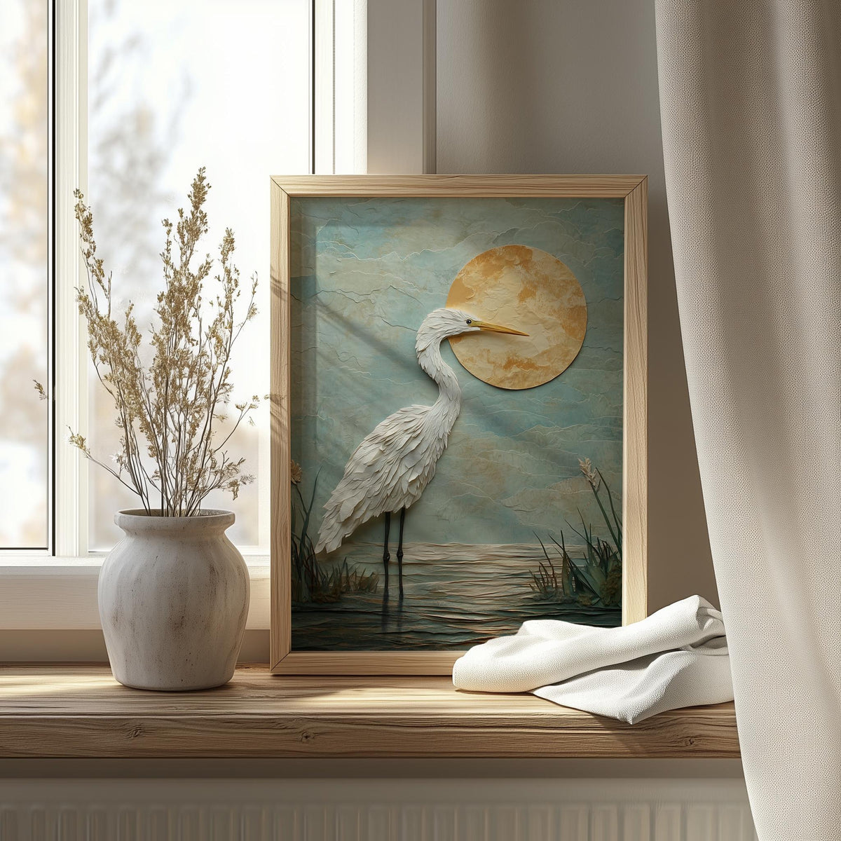 White Heron Sun animal art print shown in a room setting