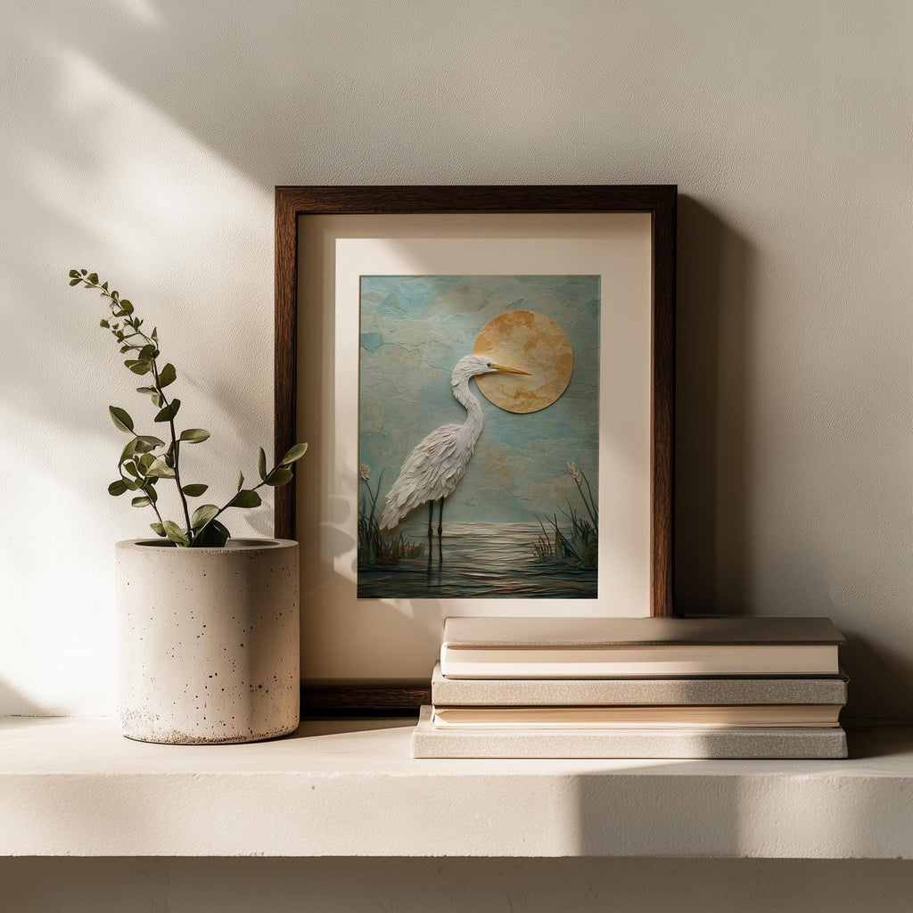 White Heron Sun animal art print shown in a room setting