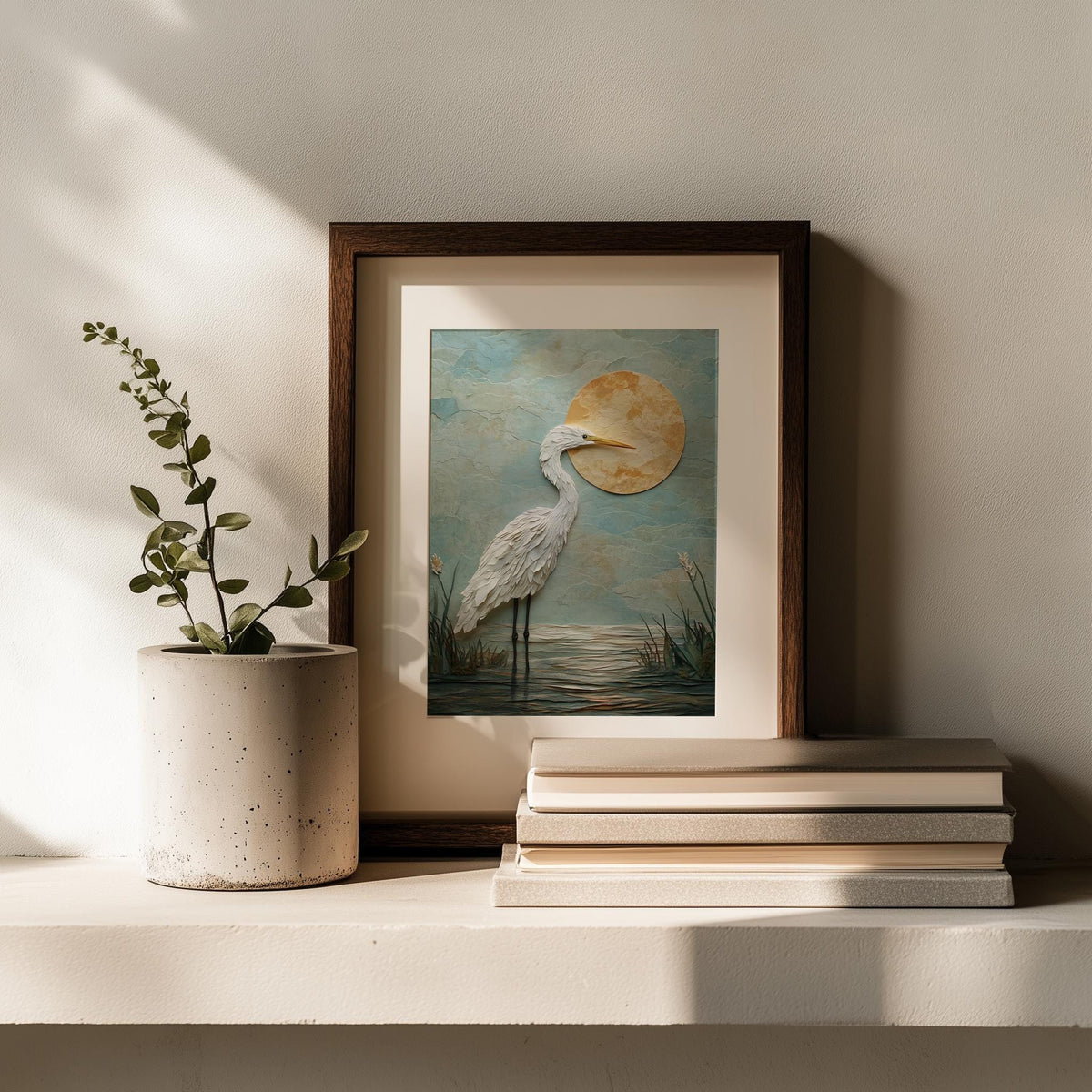 White Heron Sun animal art print shown in a room setting