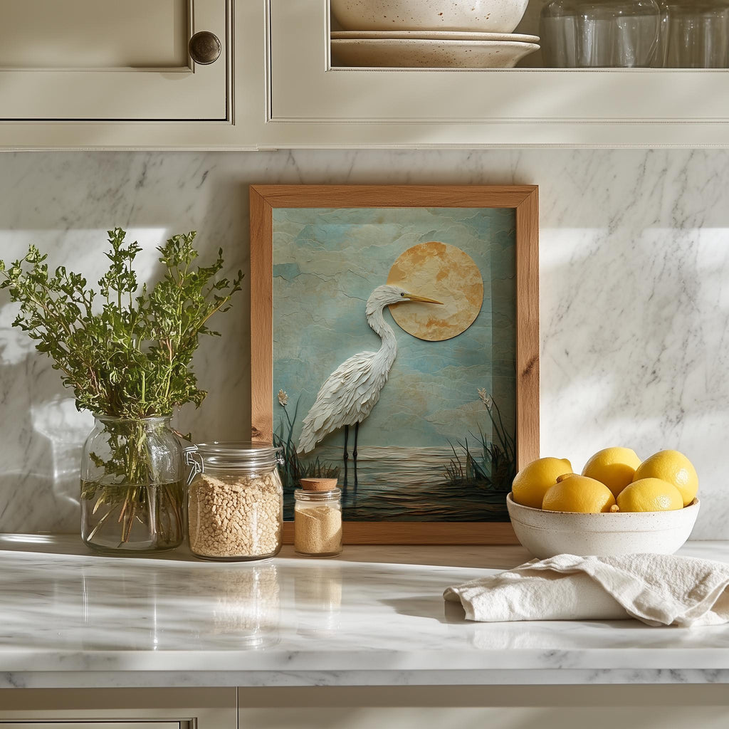 White Heron Sun animal art print shown in a room setting